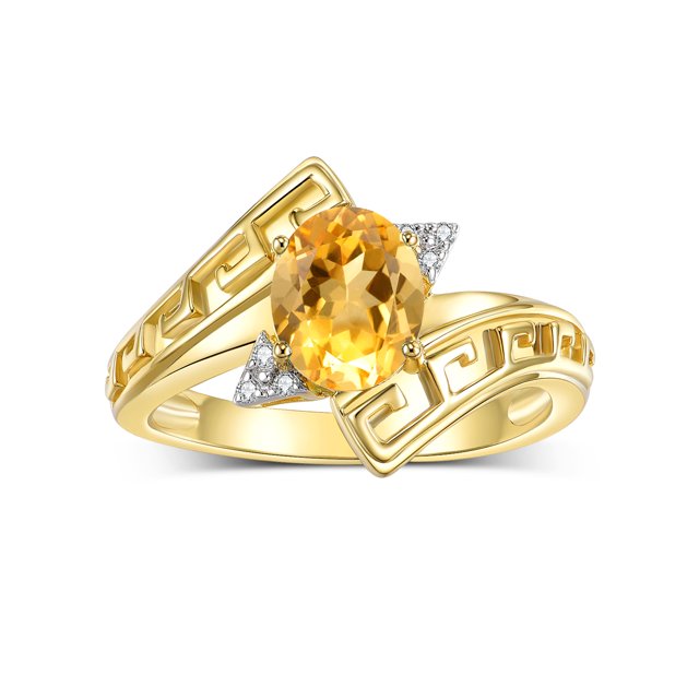 RYLOS Rings for Women 14K Yellow Gold Greek Key Designer Ring 9X7MM Gemstone & Diamond Ring November Citrine Jewelry Size 5