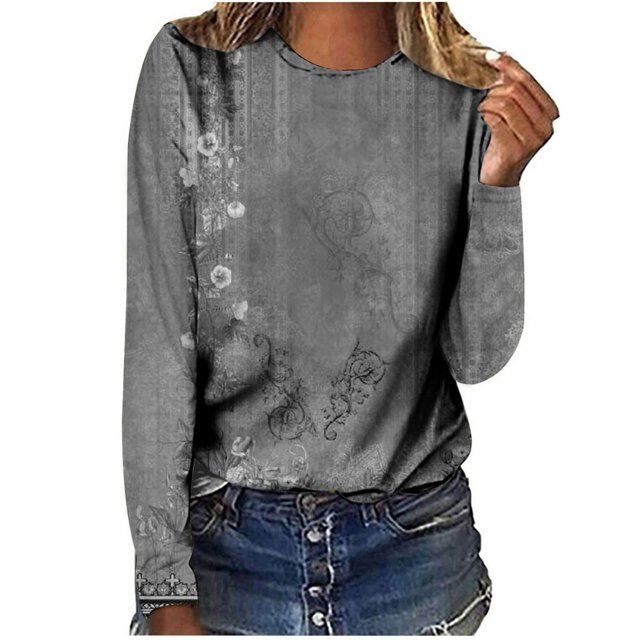Femmes Manches Longues T-Shirts Col Rond Imprimé Floral Tunique Tops Doux Casual Coupe Ample Chemisier
