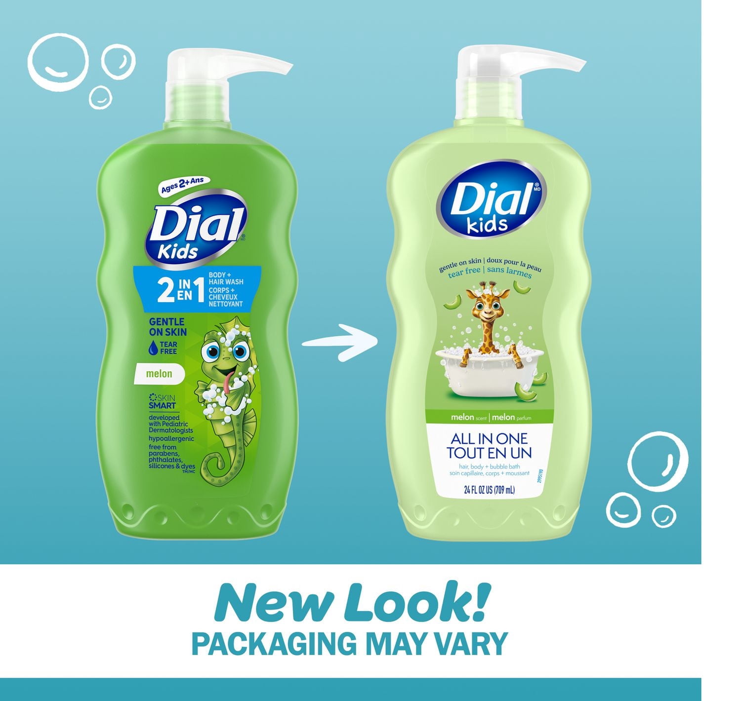 Nettoyant pour les cheveux et le corps et bain moussant tout-en-un Dial Kids, parfum de melon, 709 ml, hypoallergène, sans larmes, testé par des dermatologues, sans silicones, parabènes ni phtalates