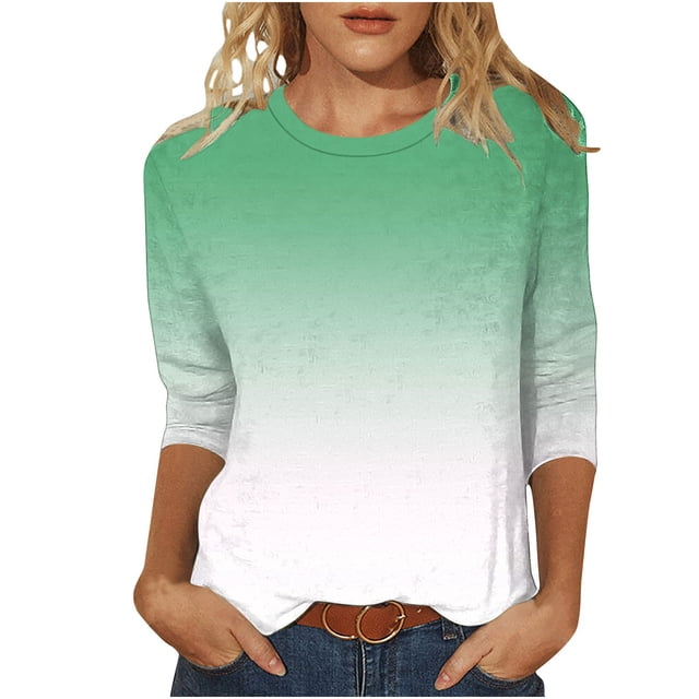 Scyoekwg Hauts pour Femmes Manches 3/4 Couleur Dégradée Col Ras du Cou Tuniques Chemises Tenue de Bureau Décontractée T-Shirt Basique Haut d'Été (Blanc,G)