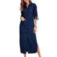 thumbnail image 1 of LUXUR Robe-Chemise en Jean pour Femmes, Col à Revers, Manches Longues, Coupe Ample, Boutonnée, Bleu Marine, m, 1 of 5