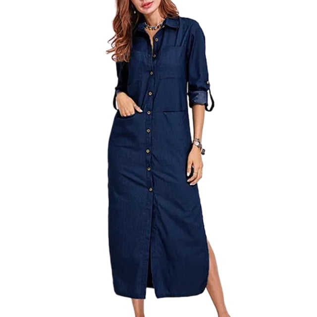 LUXUR Robes en Jean pour Femmes Robe Chemise en Denim à Revers Bleu Marine, avec design à Manches Longues, devant Boutonné et Encolure à Revers. la Robe Coupe Ample avec une Longueur Longue et Comprend des Poches Fonctionnelles. Fabriquée en polyester 100 %, Elle Est Légère et Confortable, Convient aux Tenues Décontractées, de Travail Ou de Vacances. Conçue avec des Manches Retroussées et un Ourlet Fendu pour une Élégance Accrue.