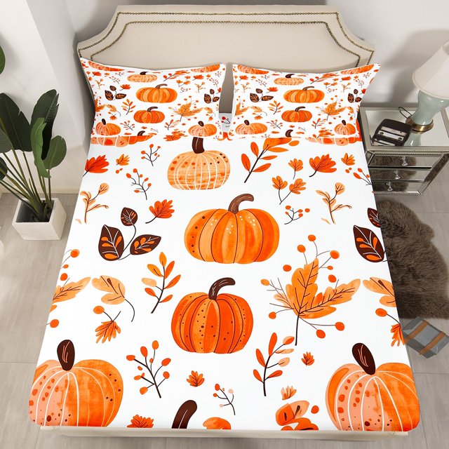 YST Drap-Housse Citrouille d'Automne Format Simple, Ensemble de Literie Récolte d'Automne pour Enfants Garçons Filles Joyeuse Action de Grâce Draps de Lit Feuilles d'Érable Rustiques Draps avec 1 Taie d'Oreiller