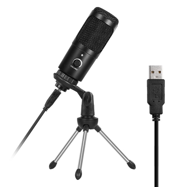 Professional Studio Microphone USB Metal Condenser Recording Microphone with Cardioid Studio Recording Mic for PC. Black metal body with a built-in volume knob, cardioid pick-up pattern, and USB interface for plug-and-play use. Includes a foldable tripod stand, foam windscreen, and USB cable, ideal for studio recording and podcasting.