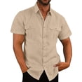 thumbnail image 1 of Chemises Décontractées pour Hommes en Coton et Lin Uni à Double Poche à Manches Courtes, 1 of 7