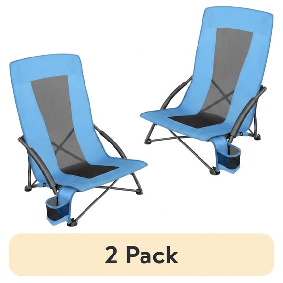 LEDREM Set of 2 Heavy-Duty Portable Beach Chairs, 330lb Capacity Each with High Backrest & Cup Holder, Lightweight Foldable for Outdoor Use, Light Blue
