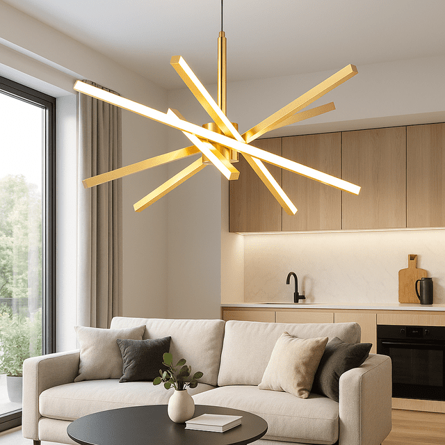 Modern Sputnik Chandelier 24 inch, Gold LED Dimmable Ceiling Light with Remote for Kitchen Island, Dining Room centered front-facing view of a 24" diameter gold five-arm sputnik chandelier with staggered metal arms and frosted acrylic shades, integrated LED light sources and flush-mount canopy against a white ceiling, adjustable 2800K–7000K color temperature and full remote dimming, often used over kitchen islands or dining tables and suitable for small entryways.