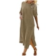 thumbnail image 2 of SMihono Robe Maxi Bohème d'Été pour Femmes Grande Taille Mode d'Été pour Femmes Couleur Unie Col Rond Manches Mi-Longues Robe en Coton et Lin Robe de Plage Évasée, 2 of 8