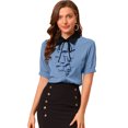 thumbnail image 1 of INSPIRE CHIC Women's Contrast Collar Tie Ruffle Front Button Short Sleeve Work Shirt, 1 of 6