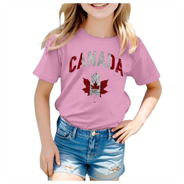 GDREDA Canada T-Shirts Imprimé Drapeau Filles T-Shirt à Manches Courtes Été Col Rond T-Shirt Coupe Décontractée T-Shirts Basiques
