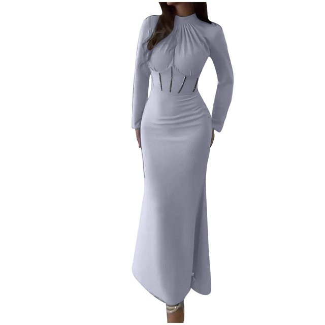 Pisexur Robes de Cocktail pour Femmes 2024 à Manches Longues à Col Rond Robe de Soirée Robe de Fête Mode Moulante Couleur Unie Robe Maxi Élégante Robe d'Invitée de Mariage Robes Plissées pour le Retour à la Maison