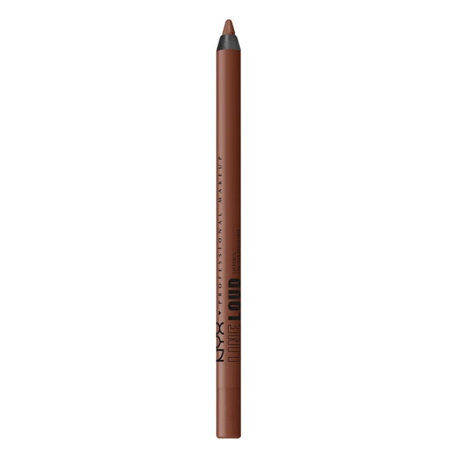 NYX PROFESSIONAL MAKEUP Line Loud Waterproof Lip Pencil in brown with matte finish, slim cylindrical shape, sharpened black tip, and printed brand and product name, designed for smooth, long-lasting lip lining and shaping.