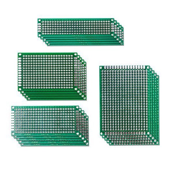 20pcs Double Side Prototype PCB Universal Printed Circuit Board made of glass fiber, featuring 20 pieces in four sizes: 5x7cm, 4x6cm, 3x7cm, and 2x8cm. Each board has plated-through holes with a 1mm diameter, a thickness of 1.6mm, and a standard 2.54mm hole pitch. Both sides are identical, suitable for point-to-point DIY soldering.