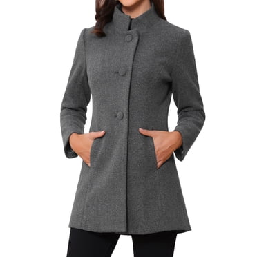 INSPIRE CHIC Women's Mid-Length Stand Collar Coat Single Breasted Winter Overcoat with Slant Pockets & Full Lining Light Grey XL