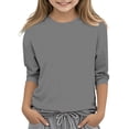 thumbnail image 1 of 2025 Chemises à Manches 3/4 pour Filles Mode Couleur Unie Col Rond Hauts Chemises Décontractées Gris, 1 of 6
