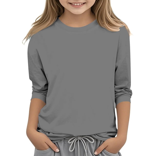 2025 Chemises à Manches 3/4 pour Filles Mode Couleur Unie Col Rond Hauts Chemises Décontractées Gris