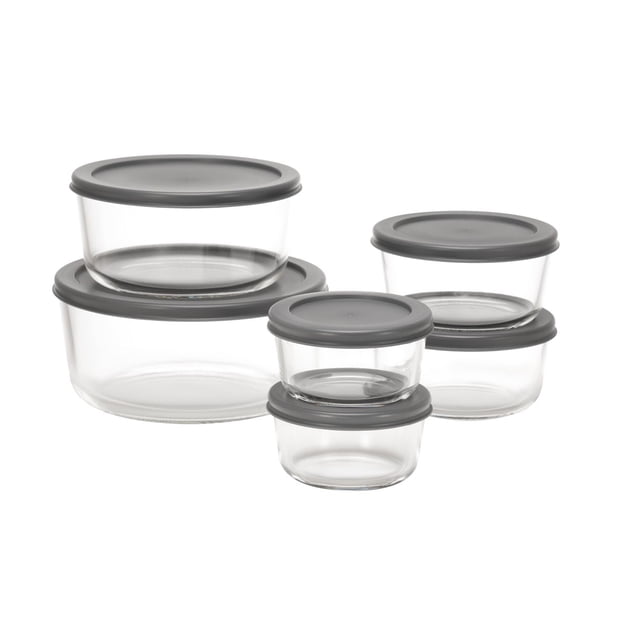 MAINSTAYS Round glass food storage set with PE Lid featuring six clear borosilicate glass containers with gray plastic lids, stackable and safe for microwave, oven, freezer, and dishwasher use, suitable for storing leftovers or meal prep in organized kitchen storage.