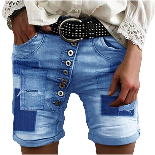 AherBiu Short Jeans for Women High Waisted Patchwork Summer Classic Slim Denim Shorts with Pockets