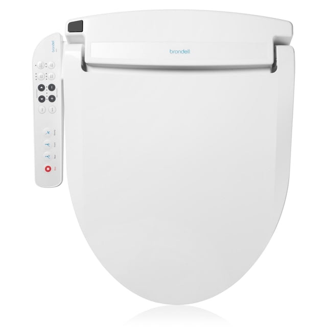 Swash Select BL67 Sidearm Bidet Seat in elongated white with side control panel featuring buttons for front and rear wash, adjustable water pressure, heated seat, and energy-saving eco mode, branded with Brondell logo on the lid.