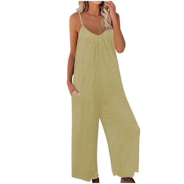 RKSTN Jumpsuits for Women 2024 V Neck Sleeveless Jumpsuits Spaghetti Straps Solid Color Loose Plus Size Long Pants Rompers with Pockets