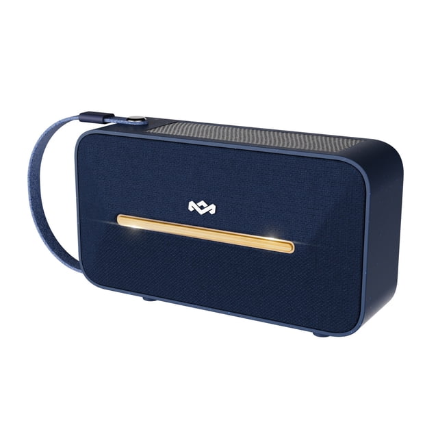 House of Marley Rise Up Solar Waterproof Bluetooth Speaker in blue, a portable Bluetooth speaker with a compact rectangular design, sustainable bamboo accents, and recycled fabric materials. Features include an integrated solar panel for extended playtime, Bluetooth connectivity, and True Wireless technology. Offers up to 14 hours of playtime, IP67 waterproof protection, stereo pairing modes, and a durable strap for portability.
