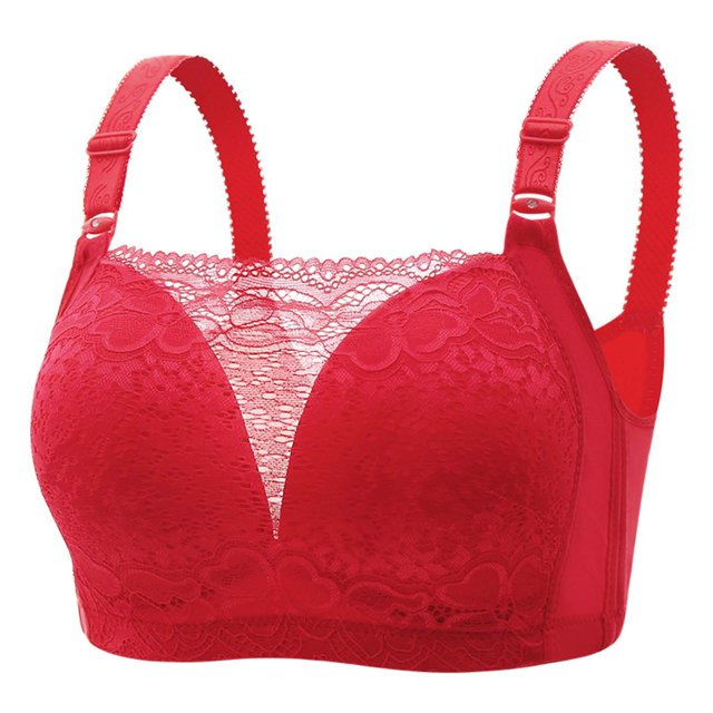 Virmaxy Womens Wireless Bra Oversized Gathered Comfortable Breathable Underwear (Plus Extended Buckle) Everyday Bra Embroidered Glossy Comfortable Breathable Bra Underwear No Rims Red-1 38