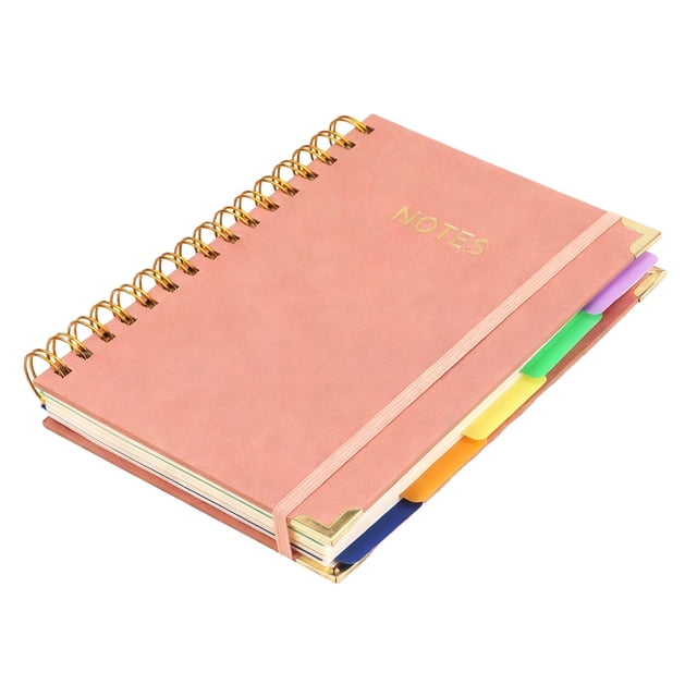 Notebook with Dividers, 5.7x8.3 inch Personalized Notebook, Pink Notebook, Spiral Design, for 5 Subjects, Striped, 300 Page, for Note-taking