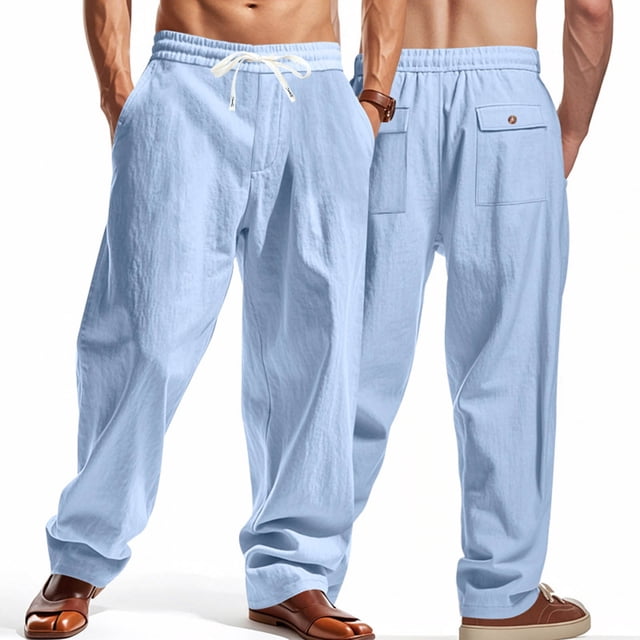 asjyhkr Mens Linen Pants Wide Leg Drawstring Elastic Casual Pants Workout Running with Pockets