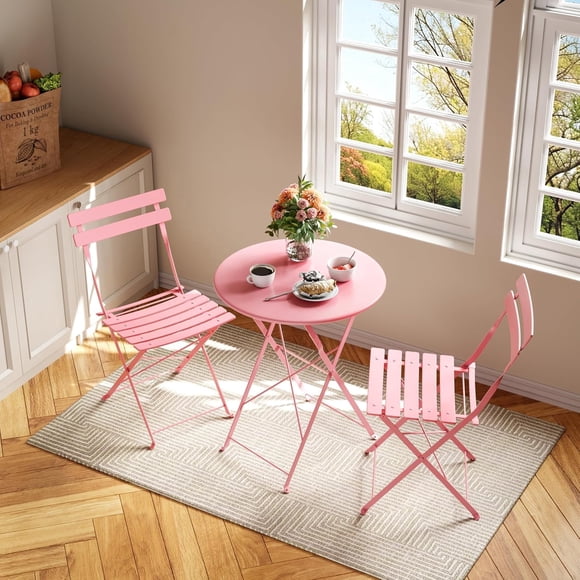 YUSAZENS Ensemble Bistro d'Extérieur 3 Pcs - Table et Chaises Pliantes avec Cadre en Métal, Mobilier Compact pour Balcon, Terrasse Ou Jardin Rose