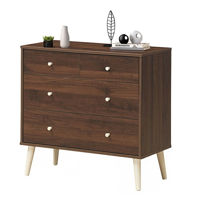 Gymax 4-Drawer Dresser Chest Cabinet Storage Organizer Rubber Leg W/Rail Walnut Finish