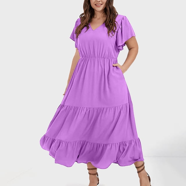 zanvin Plus Size Summer Dresses pour Femmes Fête Boho Maxi Longue Robe Portefeuille Col en V Manches Courtes Ourlet à Volants Robe Fête Invitée de Mariage Robes, Violet