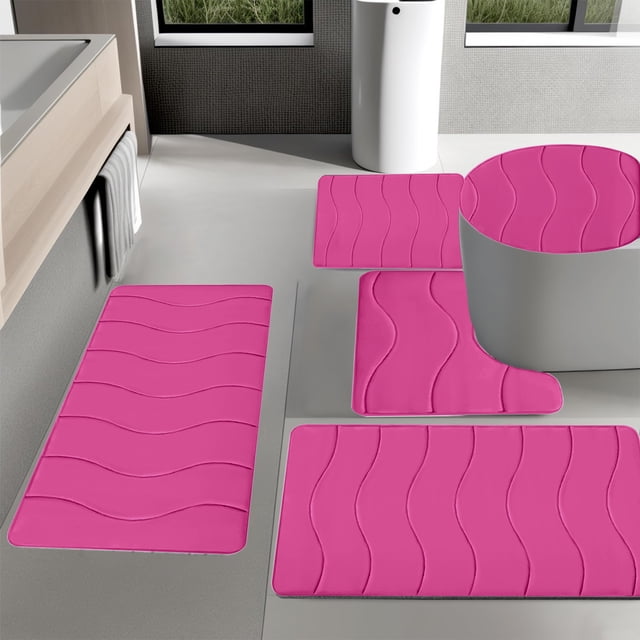 Fridja Bathroom Rugs 5 Piece set in pink, featuring absorbent memory foam bath mats with non-slip rubber backing. Includes various sizes: 40x60cm, 40x50cm, and 38x42cm, designed for kids' bathroom use. Machine washable and quick-drying for convenience.