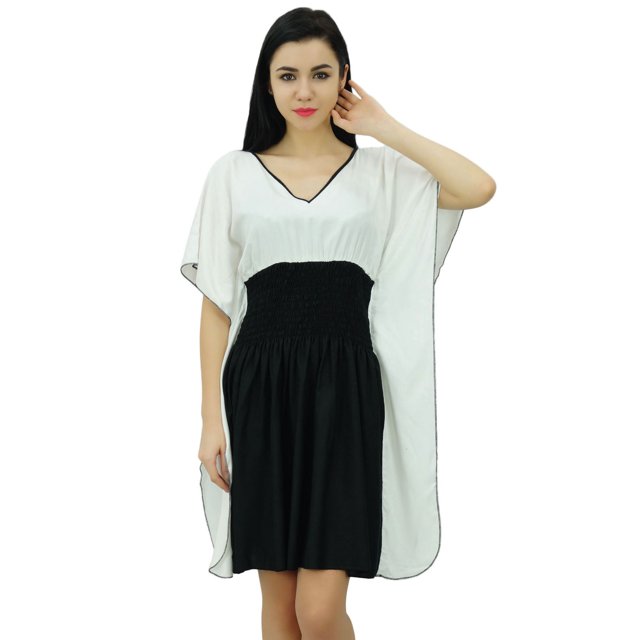 Bimba Robe Caftan Courte d'Été pour Femme pour la Plage, Taille Smockée