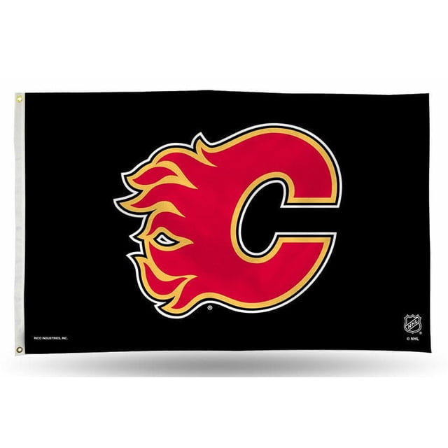 GTEI NHL Calgary Flames Flag is a 3' x 5' black polyester banner featuring the Calgary Flames red flaming C logo with two brass grommets for hanging horizontally or vertically, suitable for home flagpoles, patios, tailgating, or stadium seating.