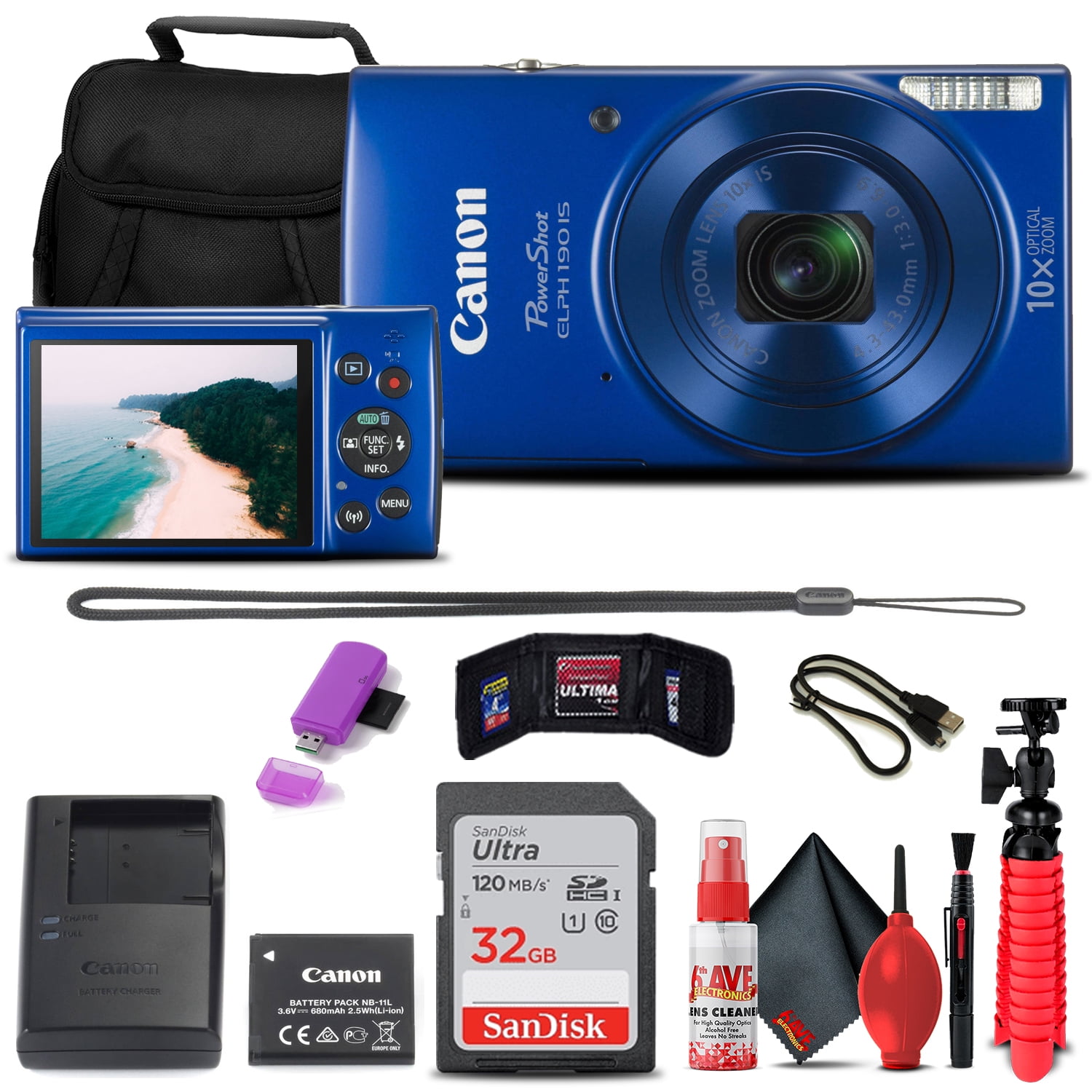 Canon PowerShot ELPH 190 IS Digital Camera (Blue) (1090C001) + 32GB Card + Case + Card Reader + Flex Tripod + Memory  Wallet + Cleaning Kit + USB Cable