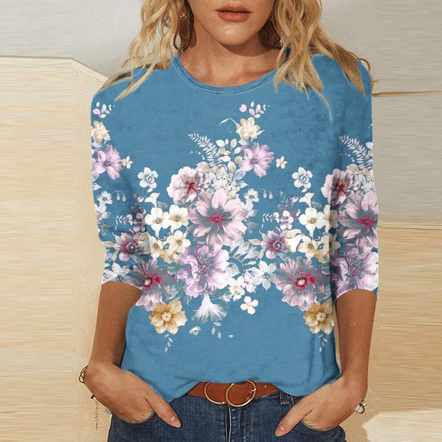 Xihbxyly Hauts pour Femmes Décontractés Mode pour Femmes Manches Trois Quarts Rétro Col Rond Imprimé de Pâques Hauts Amples Blouse