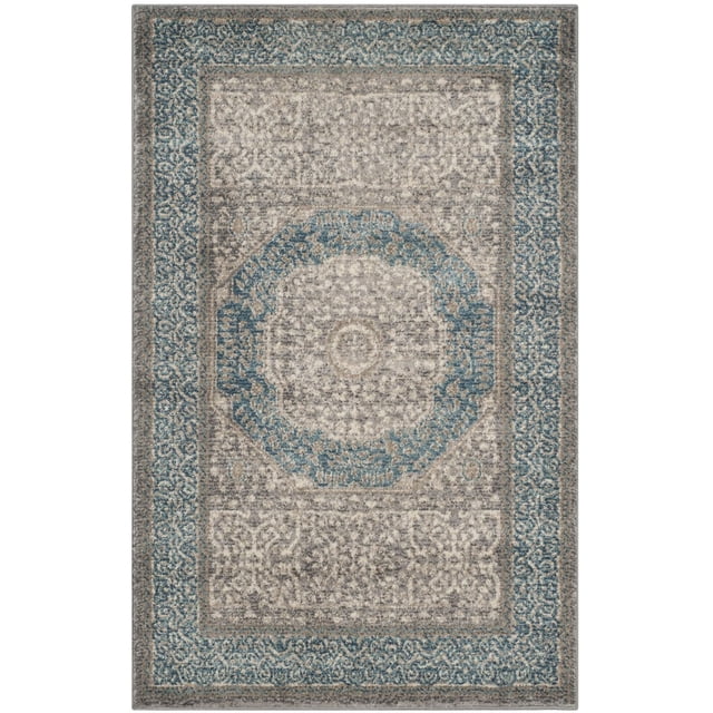 Safavieh Sofia Waylon Tapis à Bordure Géométrique Présentant une Patine à l'Allure Usée avec des motifs Traditionnels dans des Tons Bleu et Gris Atténués, un Médaillon Géométrique central et une Bordure Bleue Complexe, Convient pour Rehausser les collections de Tapis d'Accent pour la Maison.