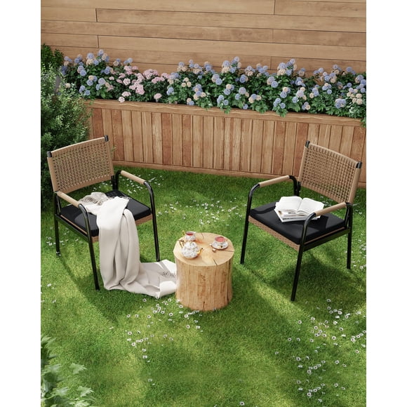 Ensemble Confortable de 4 Chaises de Patio en Rotin d'Extérieur avec Coussins – Cadre en Métal Résistant aux Intempéries – Idéal pour Jardin, Pelouse, Terrasse, Véranda, Balcon Ou Cour Arrière – Rotin Noir Poudre et Brun 4 Pcs/boîte