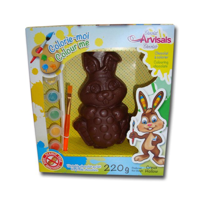 Chocolate Arvisais Rabbit Colour Me is a 220 g hollow milk chocolate shaped like a cartoon rabbit, packaged with a paintbrush and four edible paint pots for colouring chocolate, peanut-free and ideal for creative food art activities.