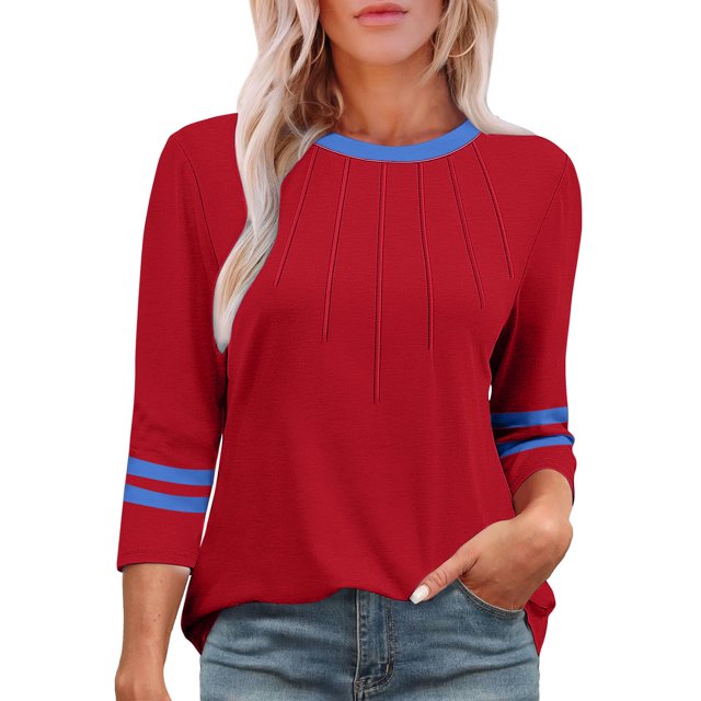 SwiftWear T-Shirts pour Femmes Manches 3/4 Tendance Été Haute Saturation Chemises Rayées Couleur Unie Tunique Décontractée Habillée