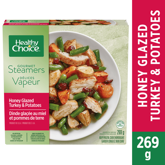 Dinde glacée au miel et pommes de terre Healthy Choice Gourmet Steamers, Morceaux de dinde dans un glacé au miel et au poivre avec haricots verts, pommes de terre rôties, patates douces, et canneberge Miel et pommes de terre Healthy Choice Gourmet Steamers  repas surgelé, 269g