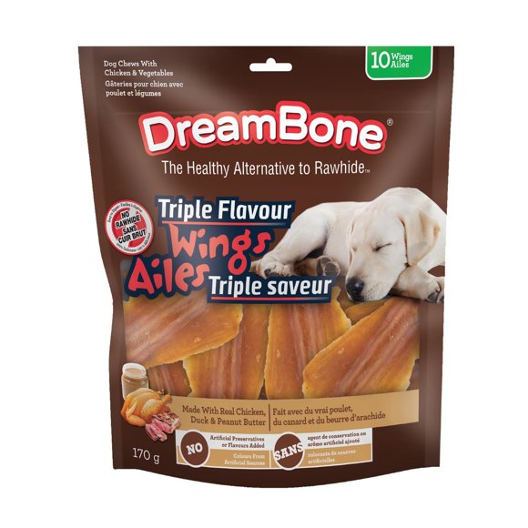 DreamBone Ailes Triple Saveur 10 Unités, Offrez à Votre Chien des Gâteries à Mâcher Sans Cuir Brut avec du Vrai Poulet, du Beurre d'Arachide et du Canard, pour Tous les Chiens