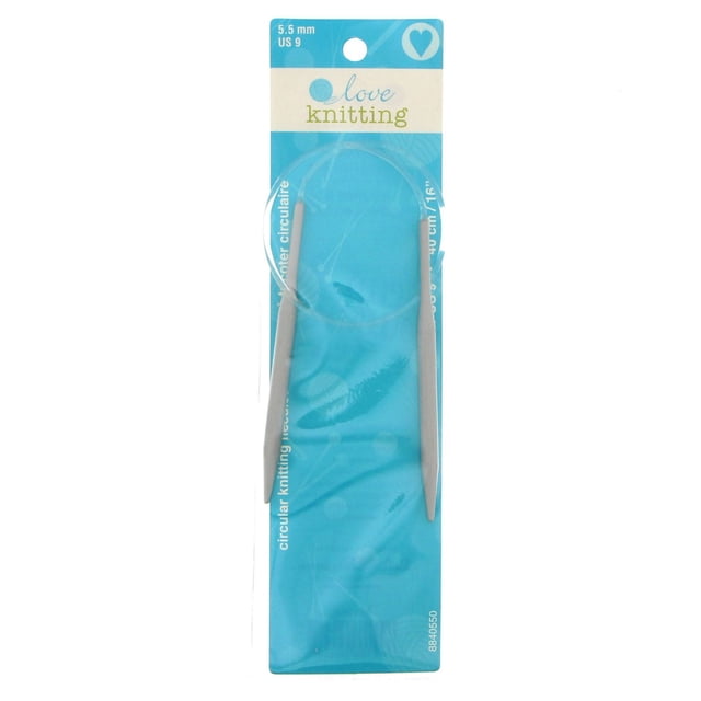 Love Knitting 16" Circular Knitting Needles in 5.5 mm (US 9) size, featuring smooth aluminum needles with a silver finish connected by a clear flexible cable, on blue and white branded packaging with size and brand details.