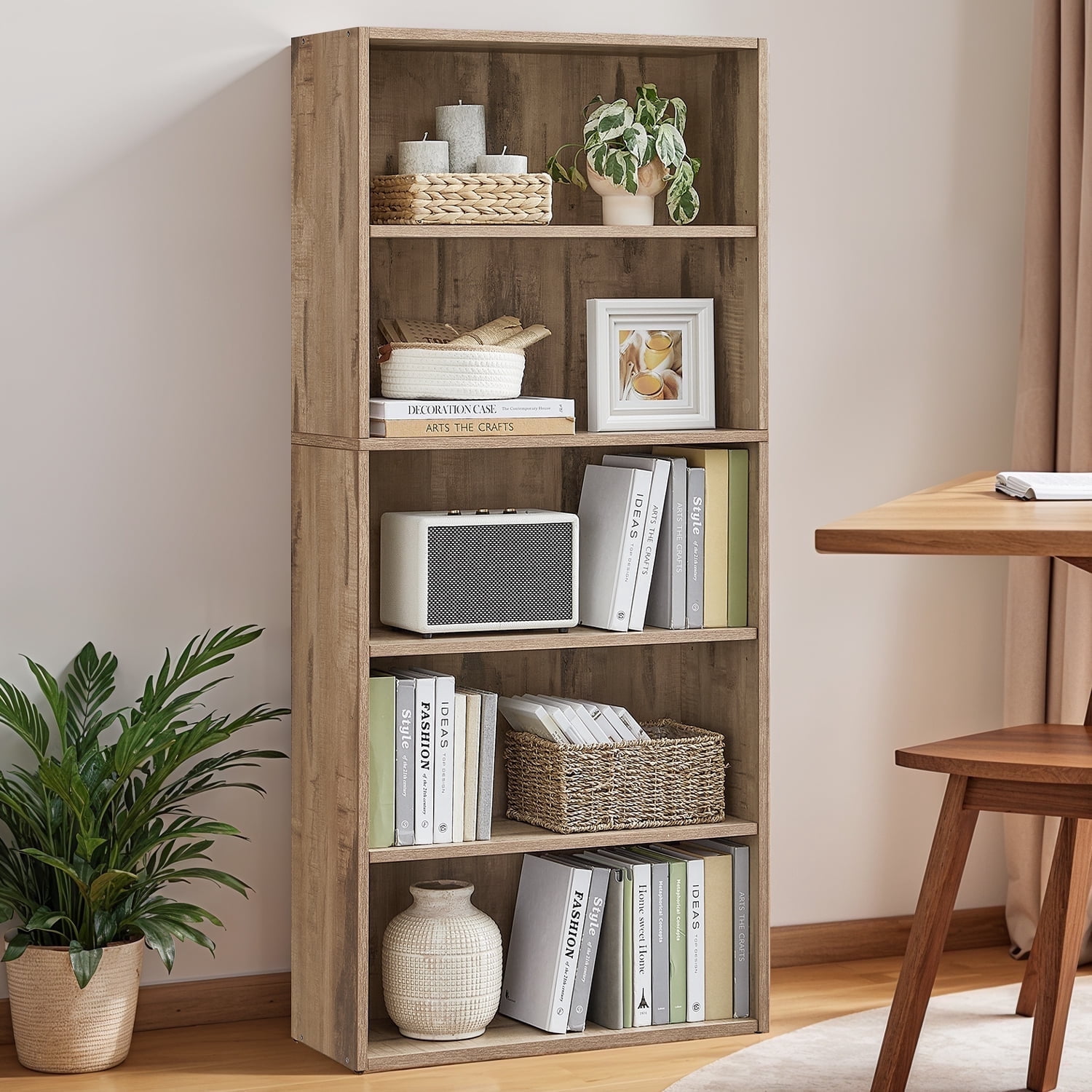 LEDREM 5-Tier Adjustable Bookcase, Open Bookshelf, Storage Shelf Organizer, 22lb Capacity per Shelf, for Home, Office Camel Brown