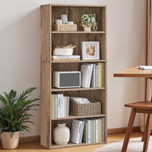LEDREM 5-Tier Adjustable Bookcase, Open Bookshelf, Storage Shelf Organizer, 22lb Capacity per Shelf, for Home, Office Camel Brown