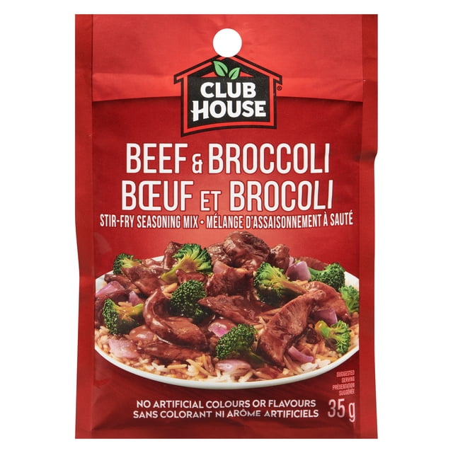 Club House Beef & Broccoli stir-fry seasoning mix 35g red packet with bilingual English and French text, featuring a serving suggestion of beef strips and broccoli florets over rice, highlighting no artificial colours or flavours, ideal for pantry marinade and cooking sauce use.