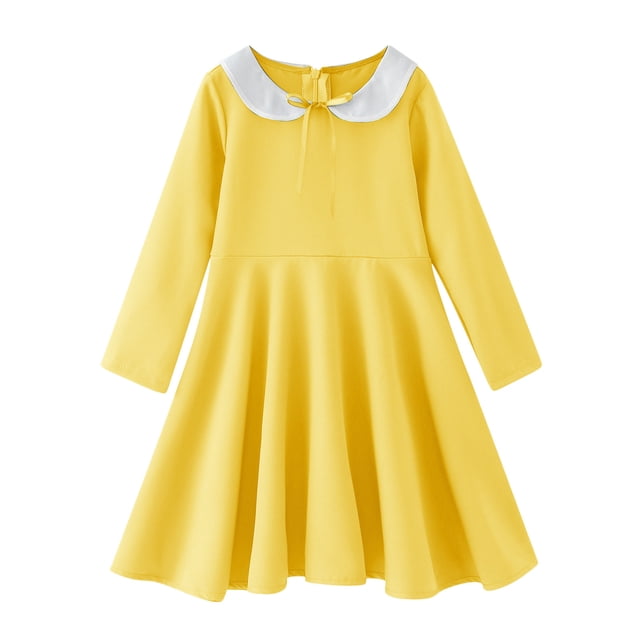 B91xZ Robe Fille Manches Volantées Ligne A Chandail Robe d'Été Décontractée Midi, Jaune 2-3 Ans