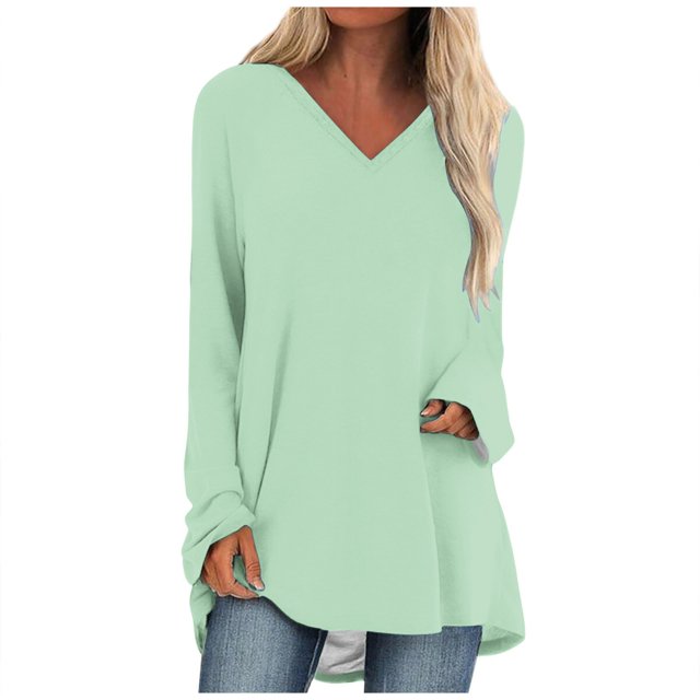 KIHOUT Spring Winter Womens Tops Solid Color T-shirt Long Sleeves Blouse V-Neck Casual Mid-Length Blouse Tops