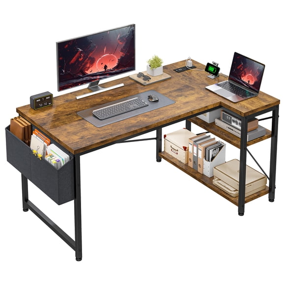 Exenoray Bureau d'Ordinateur en L avec Prise de Courant, Bureau d'Angle Réversible de 48 Pouces avec Tablette de Rangement et Organisateur en Tissu, Poste de Travail de Bureau à Domicile Gain de Place, Brun Rustique