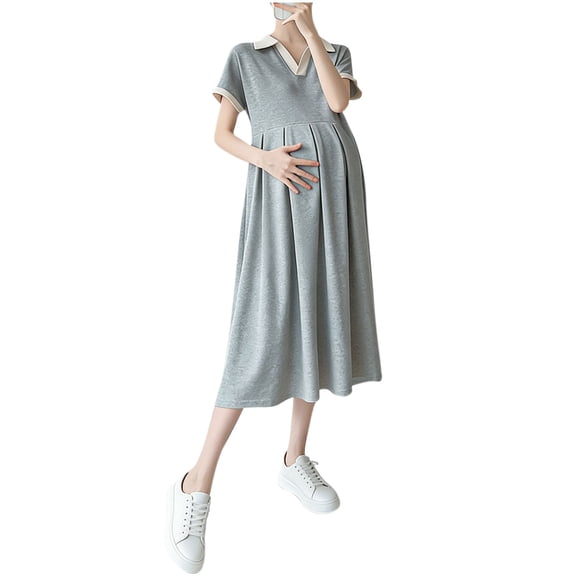 Wo-Fusoul Maternity Dress for Women, Short Sleeve Lapel Loose Fit Casual Comfortable Solid Color, Pregnancy Dress